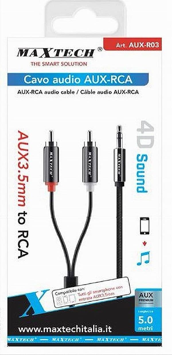 CAVO AUDIO DA AUX 3,5 MM A 2X RCA MASCHIO STEREO ADATTATORE 5MT 4D SOUND AUX-R03 in Connettori RCA Trade Shop italia - Napoli, commercioVirtuoso.it