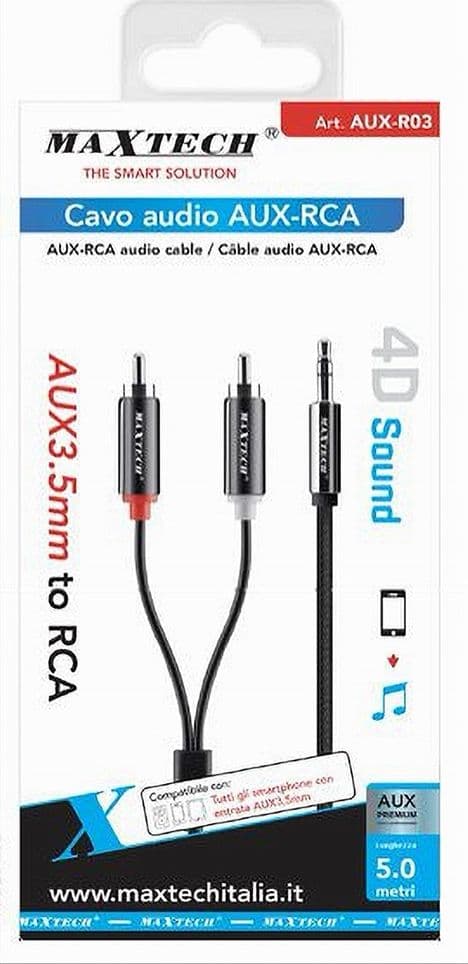 CAVO AUDIO DA AUX 3,5 MM A 2X RCA MASCHIO STEREO ADATTATORE 5MT 4D SOUND AUX-R03 in Connettori RCA Trade Shop italia - Napoli, commercioVirtuoso.it