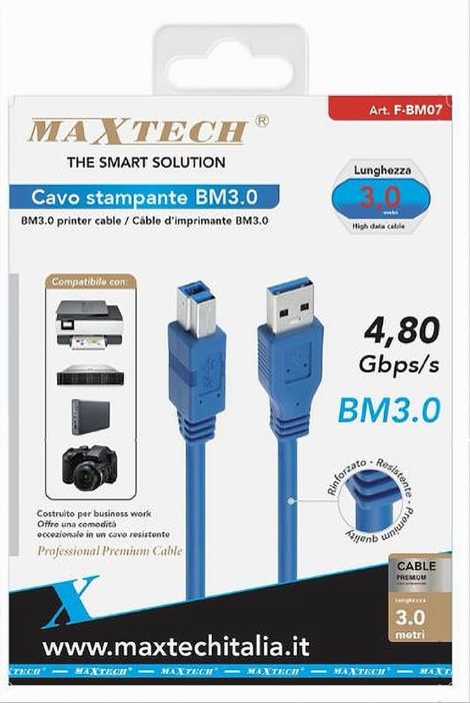 CAVO STAMPANTE USB BM3.0 3 MT RINFORZATO RESISTENTE 4,80GBPS/S FOTOCAMERA F-BM07 in prodotto Trade Shop italia - Napoli, commercioVirtuoso.it