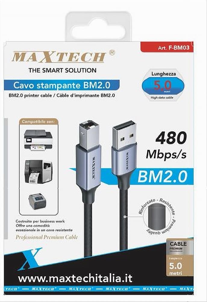 CAVO USB BM2.0 MASCHIO 480MBPS 5 MT COMPATIBILE STAMPANTE ETICHETTATRICE F-BM03 in prodotto Trade Shop italia - Napoli, commercioVirtuoso.it