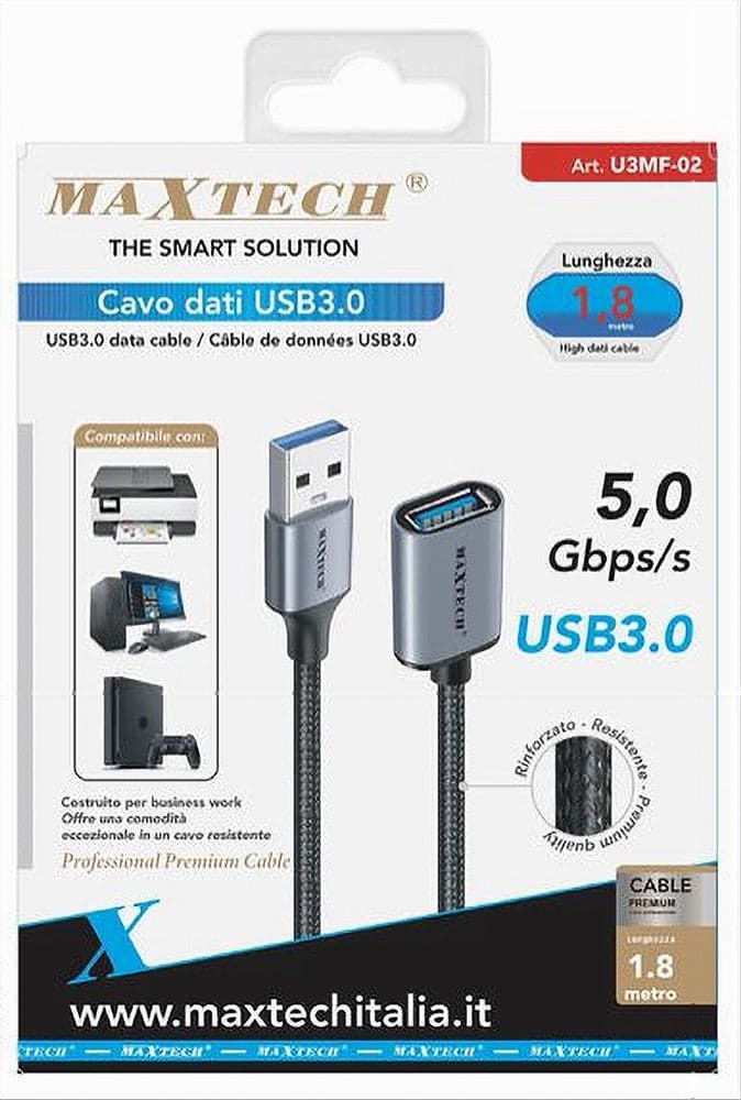 CAVO DATI PROLUNGA USB3.0 MASCHIO/FEMMINA DA 5 GBPS/S 1.8MT STAMPANTE PC U3MF-02 in prodotto Trade Shop italia - Napoli, commercioVirtuoso.it