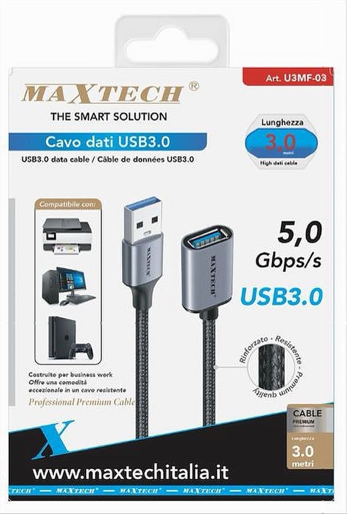 CAVO DATI PROLUNGA USB3.0 MASCHIO A FEMMINA DA 5 GBPS 3 MT STAMPANTE PC U3MF-03 in prodotto Trade Shop italia - Napoli, commercioVirtuoso.it