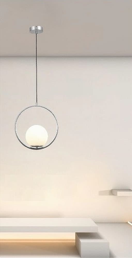 LAMPADARIO A SOSPENSIONE CERCHIO METALLO SFERA VETRO BIANCO ATTACCO E27 ARGENTO 33467 in Lampade a sospensione Trade Shop italia - Napoli, commercioVirtuoso.it