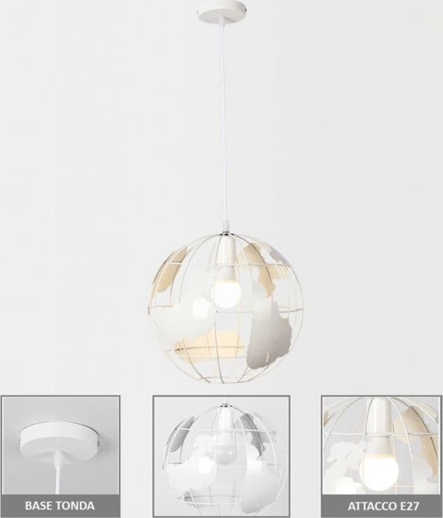 LAMPADARIO A SOSPENSIONE MAPPAMONDO E27 IN METALLO BIANCO SFERA GLOBO SOSPESO 33931 in Lampade a sospensione Trade Shop italia - Napoli, commercioVirtuoso.it