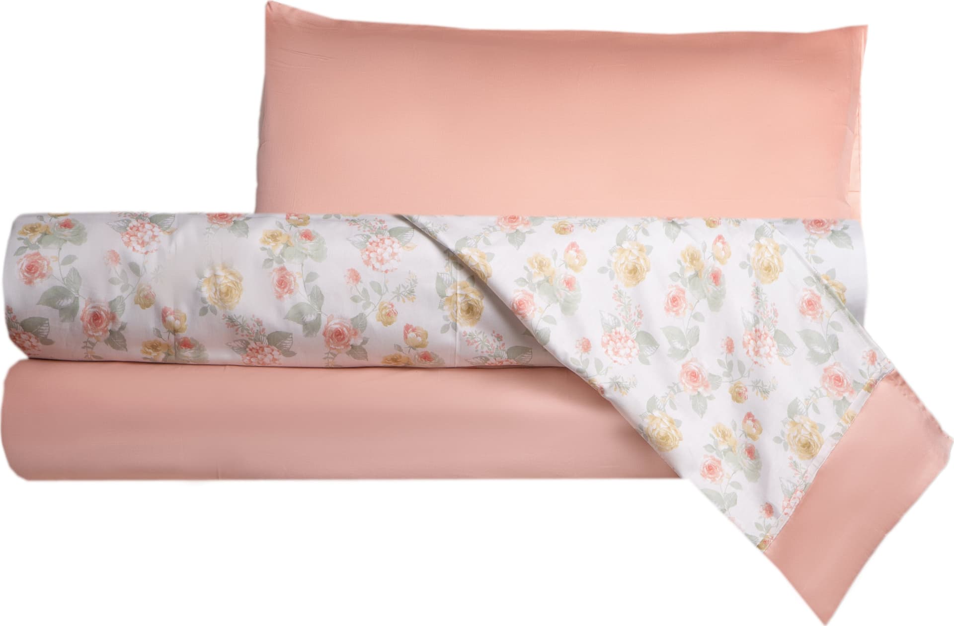 Completo letto in raso di puro cotone Romance Pesca /Rosa - Vanita di raso