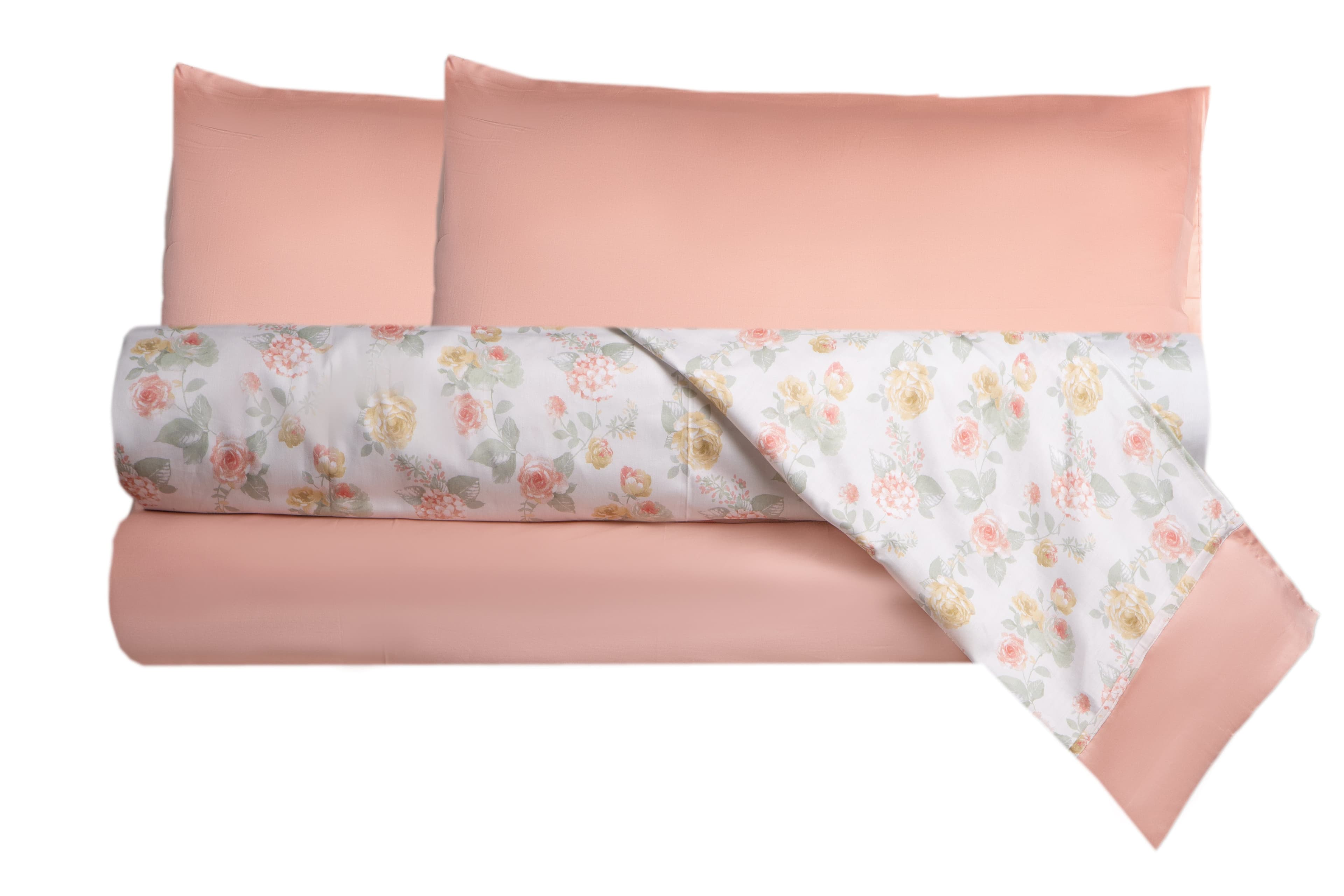 Completo letto in raso di puro cotone Romance Pesca /Rosa