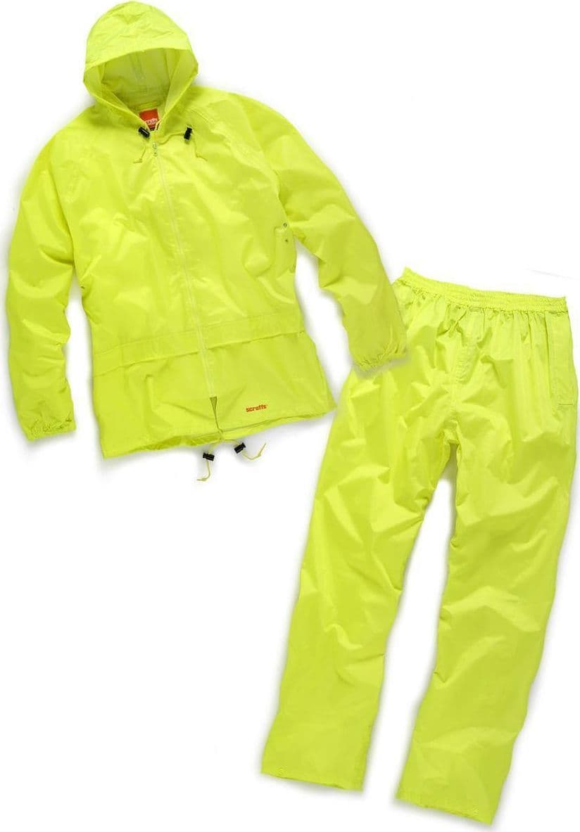 Tuta impermeabile alta visibilità Scruffs di colore giallo o nero anti pioggia con cappuccio regolabile – Scruffs Hardwear