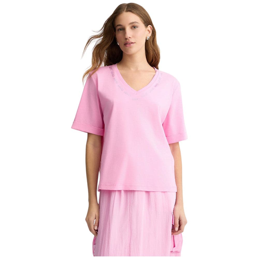 Liu Jo t-shirt rosa scollo a V con strass TA5175JS923 M9491