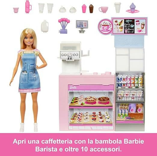 Barbie - Caffetteria, playset con bambola barista bionda e 12+ accessori a tema inclusi, tra cui macchina per caffè e frullati, tazze e cibo in Animali Cartoleria Deja Vu - Crotone, commercioVirtuoso.it