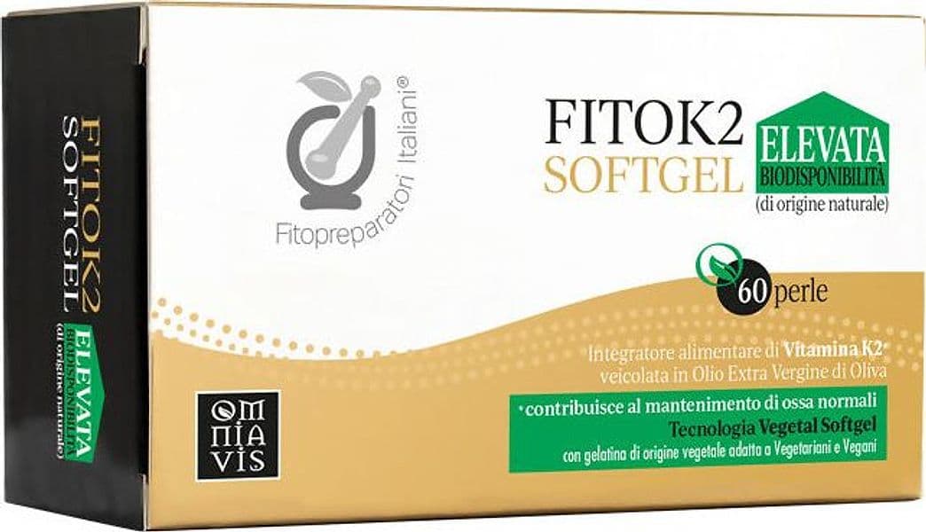 FITOK2 60 perle vegan softgel. Integratore alimentare di vitamina K2 di origine naturale adatta a vegetariani e vegani