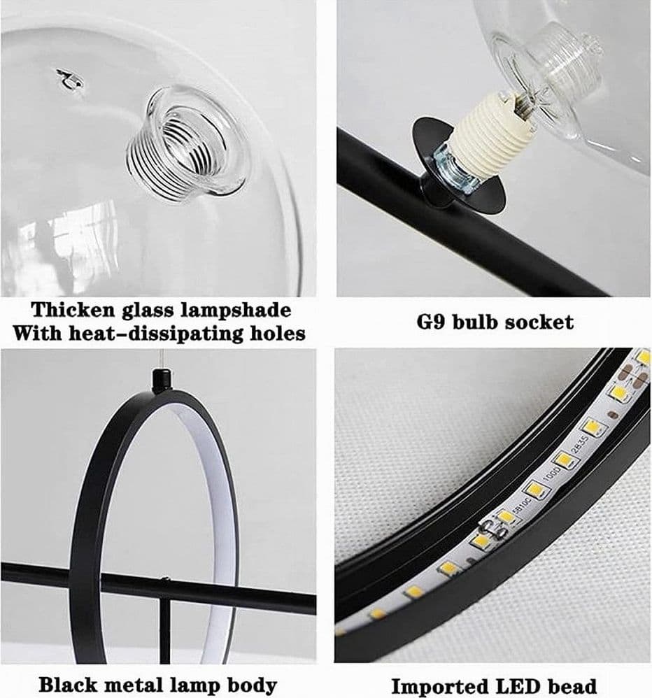 LAMPADARIO MODERNO A SOSPENSIONE NERO 7 SFERE G9 BOLLE IN VETRO CON CERCHIO 71676 in Lampade a sospensione Trade Shop italia - Napoli, commercioVirtuoso.it