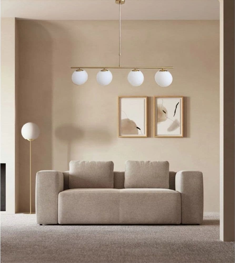LAMPADARIO A SOSPENSIONE ORO CON 4 SFERE BOLLE BIANCHE IN VETRO ATTACCO G9 33917 in Lampade a sospensione Trade Shop italia - Napoli, commercioVirtuoso.it