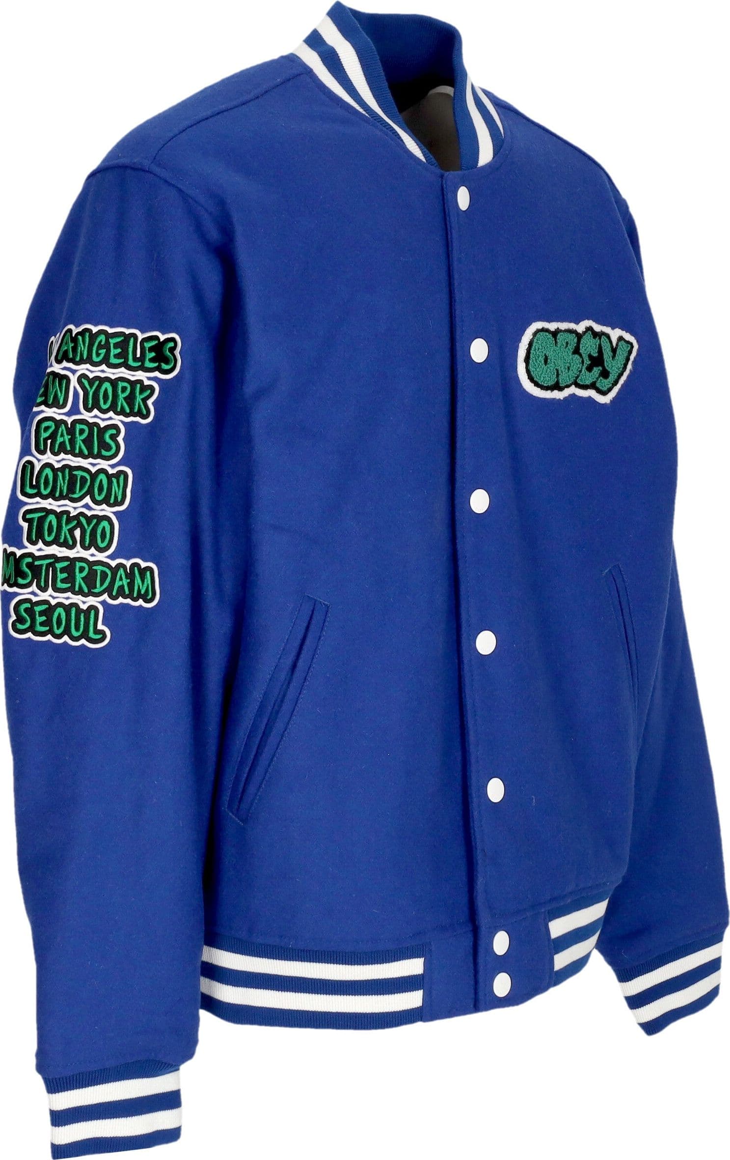 OBEY Giubbotto College Uomo Roll Call Varsity Jacket Surf Blue da uomo in Giacche Drestige - Casamassima, commercioVirtuoso.it