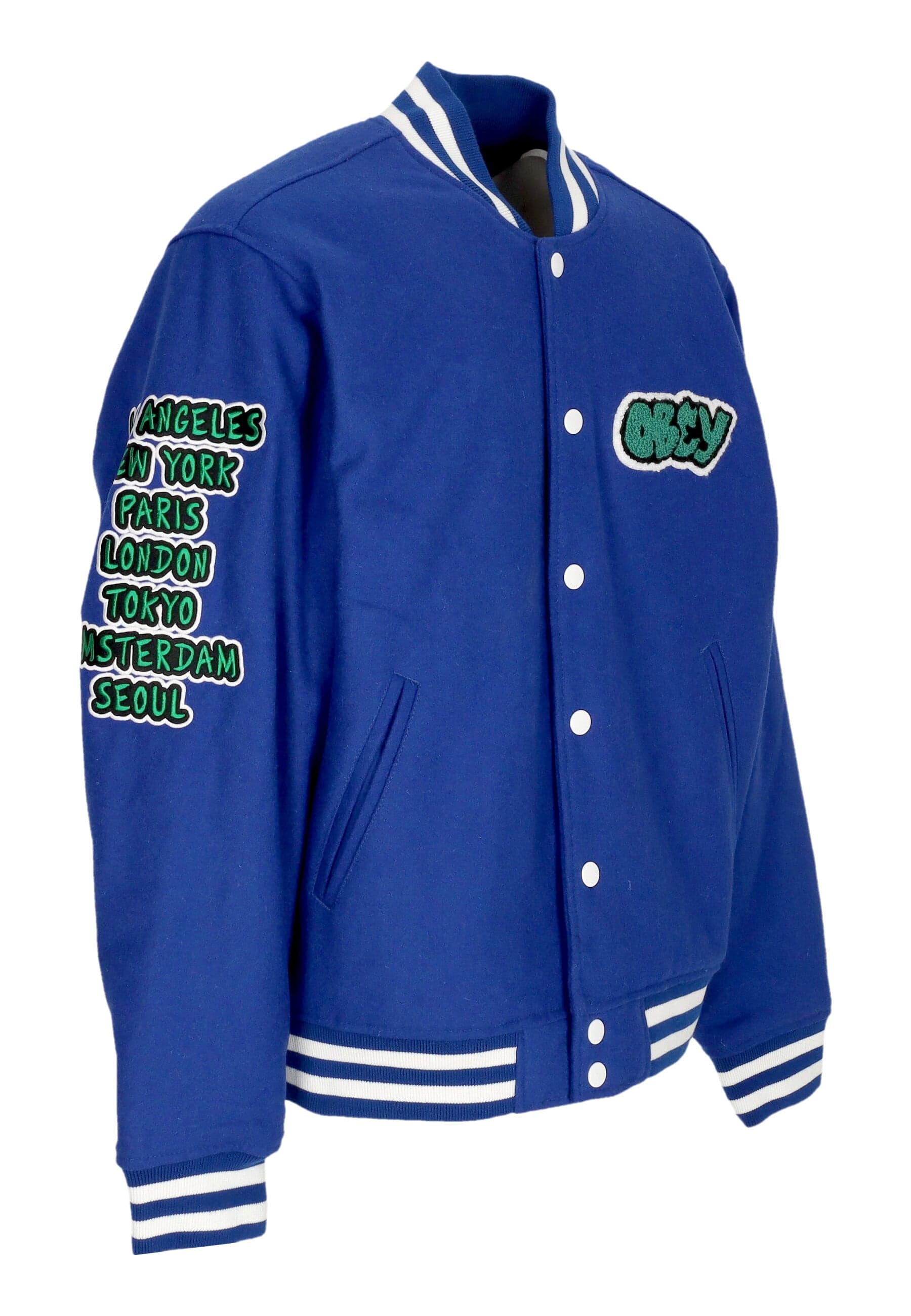 OBEY Giubbotto College Uomo Roll Call Varsity Jacket Surf Blue da uomo in Giacche Drestige - Casamassima, commercioVirtuoso.it