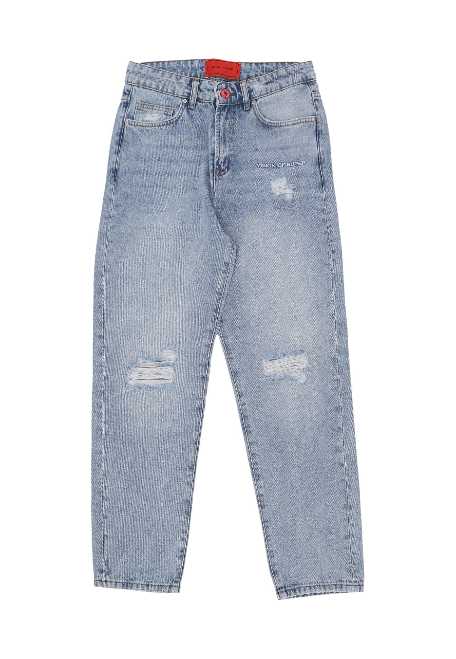 VISION OF SUPER Jeans Uomo Embroidered White Logo Denim Destroied Blue Denim