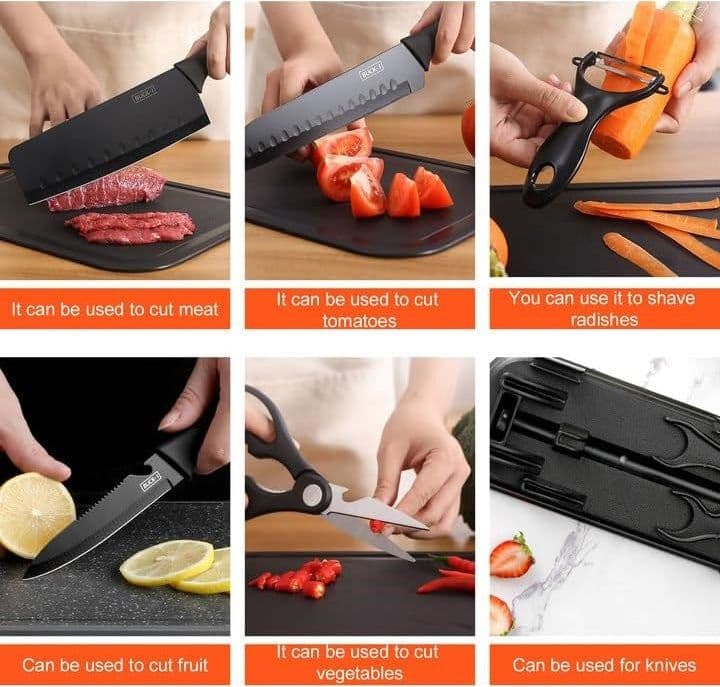 SET DI 7PZ COLTELLI DA CUCINA PROFESSIONALI CHEF FORBICI PELAPATATE ACCIAIO NERO in Coltelli da Chef Trade Shop italia - Napoli, commercioVirtuoso.it