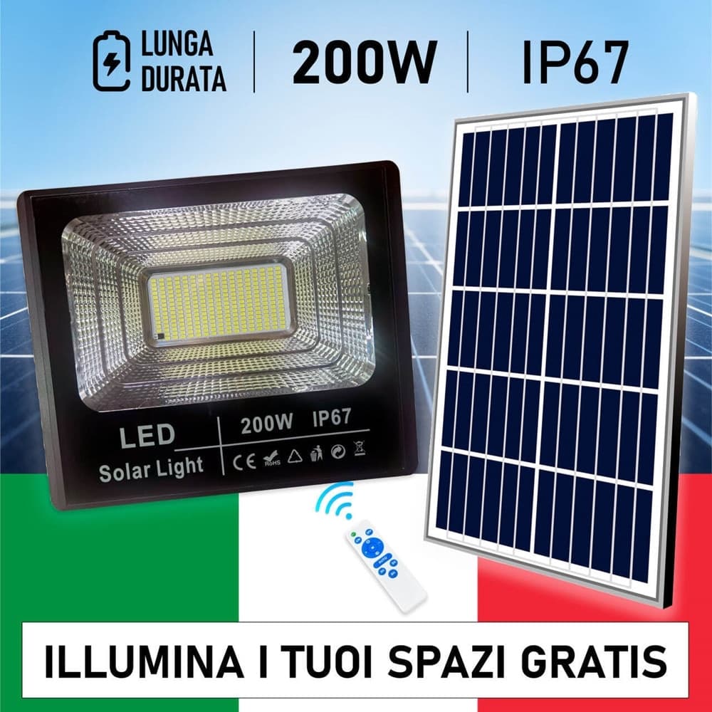 FARO A LED CON PANNELLO SOLARE 200 W LUCE BIANCA FREDDA 6500K BATTERIE AL LITIO in Proiettori Trade Shop italia - Napoli, commercioVirtuoso.it