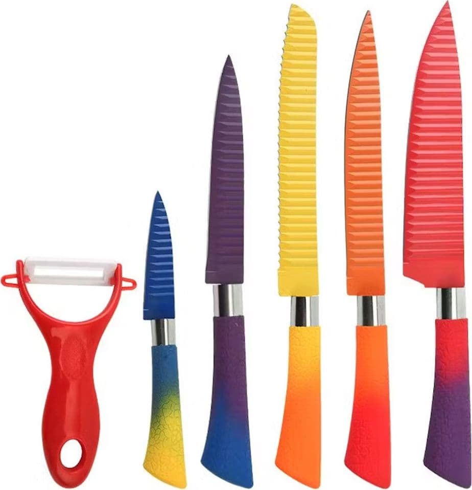 SET DI COLTELLI DA 6PZ COLORATI CON LAMA IN RILIEVO MANIGLIA ANTISCIVOLO UTENSILI CUCINA in Set di coltelli da cucina Trade Shop italia - Napoli, commercioVirtuoso.it