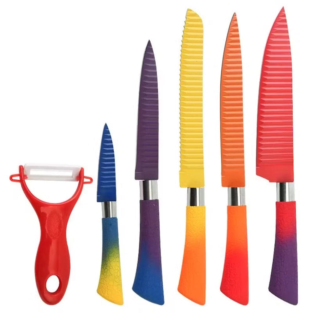 SET DI COLTELLI DA 6PZ COLORATI CON LAMA IN RILIEVO MANIGLIA ANTISCIVOLO UTENSILI CUCINA in Set di coltelli da cucina Trade Shop italia - Napoli, commercioVirtuoso.it
