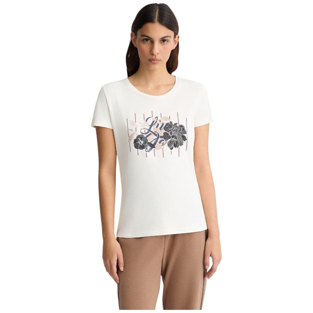 Liu Jo t-shirt bianco panna logo floreale strass TA5173JS003 M9161