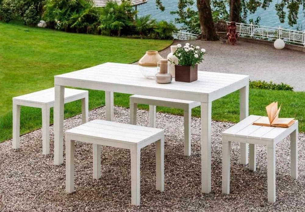SET SALOTTO SAMOA DA 5PZ CON TAVOLO RETTANGOLARE 4 PANCHE 4 POSTI BIANCO ARREDO 090644 in Divani Trade Shop italia - Napoli, commercioVirtuoso.it