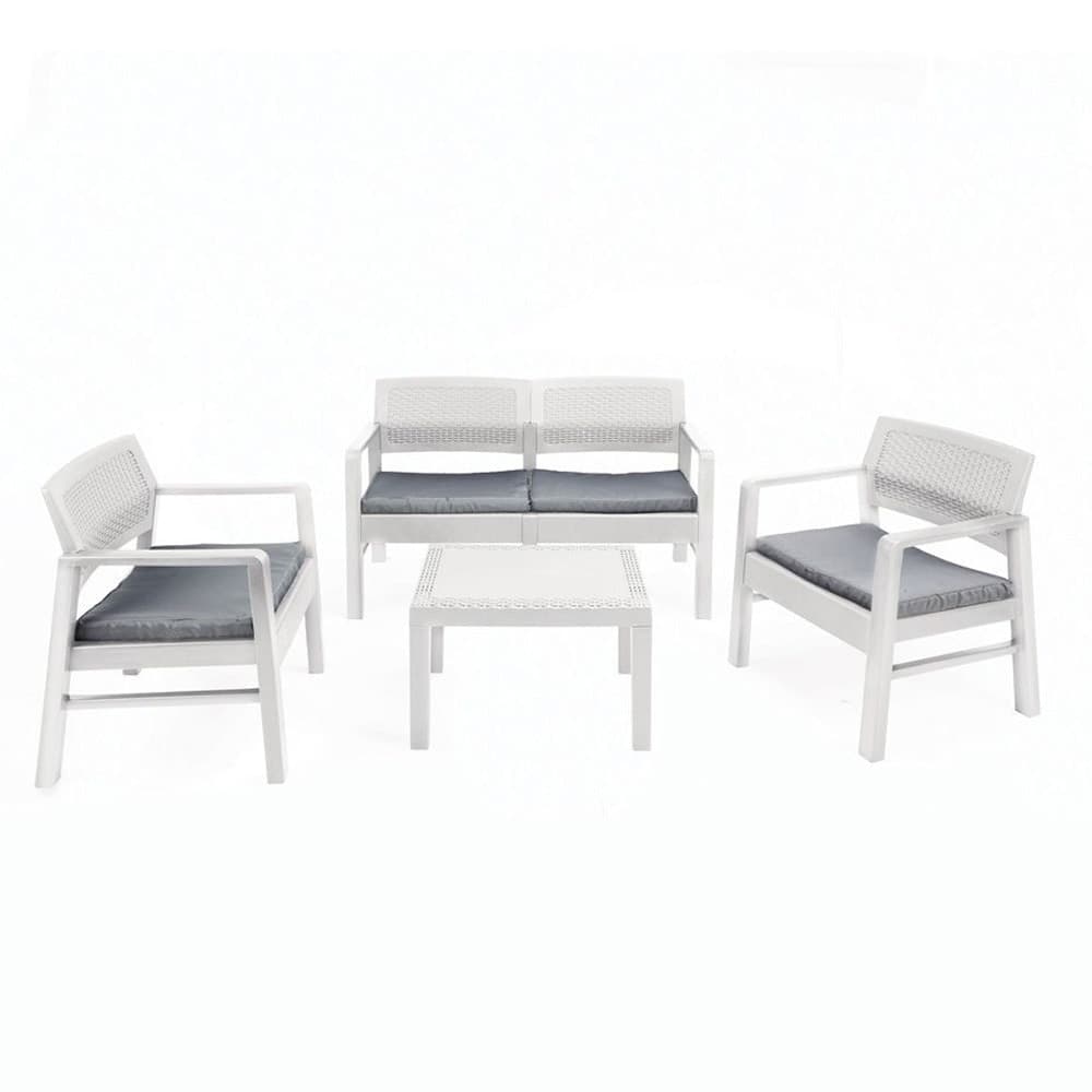 SET SALOTTO GIARDINO ESTERNO CON DIVANO 2 POLTRONE TAVOLINO EFFETTO RATTAN CON CUSCINI in Divanetti Trade Shop italia - Napoli, commercioVirtuoso.it