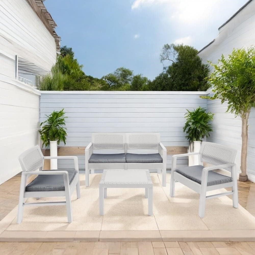 SET SALOTTO GIARDINO ESTERNO CON DIVANO 2 POLTRONE TAVOLINO EFFETTO RATTAN CON CUSCINI in Divanetti Trade Shop italia - Napoli, commercioVirtuoso.it
