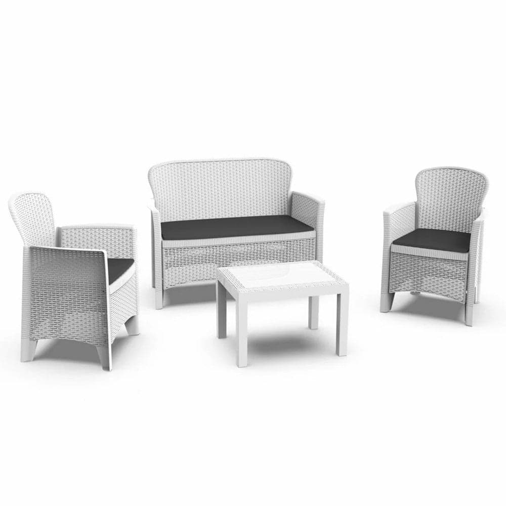 SET SALOTTO GIARDINO CON DIVANO 2 POLTRONE TAVOLINO CUSCINI EFFETTO RATTAN BIANCO 156036 in Divanetti Trade Shop italia - Napoli, commercioVirtuoso.it