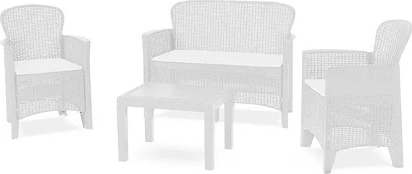 SET SALOTTO GIARDINO CON DIVANO 2 POLTRONE TAVOLINO CUSCINI EFFETTO RATTAN BIANCO 156036 in Divanetti Trade Shop italia - Napoli, commercioVirtuoso.it