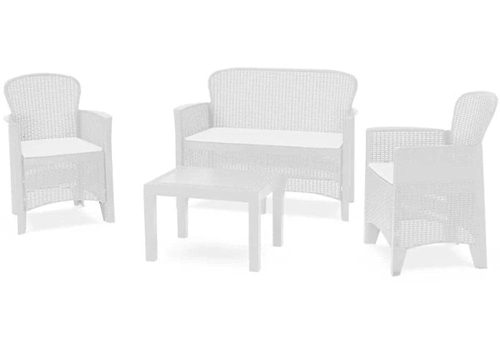 SET SALOTTO GIARDINO CON DIVANO 2 POLTRONE TAVOLINO CUSCINI EFFETTO RATTAN BIANCO 156036 in Divanetti Trade Shop italia - Napoli, commercioVirtuoso.it