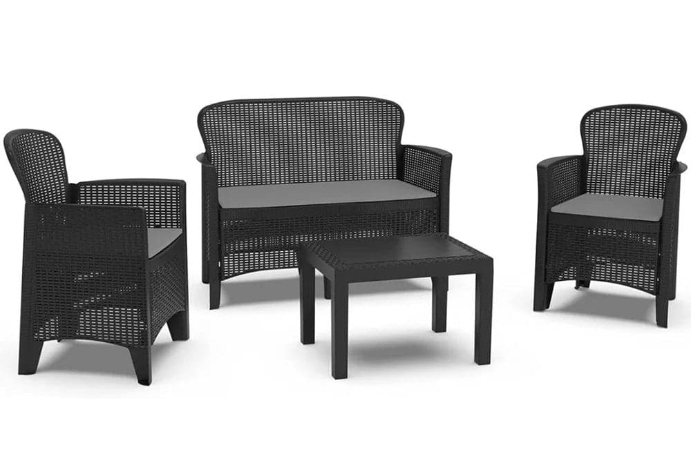 SET SALOTTO GIARDINO DIVANO 2 POLTRONE TAVOLINO CUSCINI EFFETTO RATTAN ANTRACITE 156043 in Divanetti Trade Shop italia - Napoli, commercioVirtuoso.it