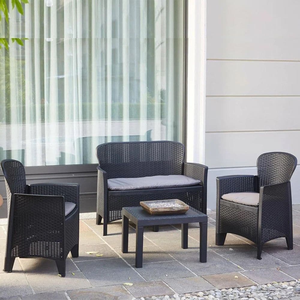 SET SALOTTO GIARDINO DIVANO 2 POLTRONE TAVOLINO CUSCINI EFFETTO RATTAN ANTRACITE 156043 in Divanetti Trade Shop italia - Napoli, commercioVirtuoso.it
