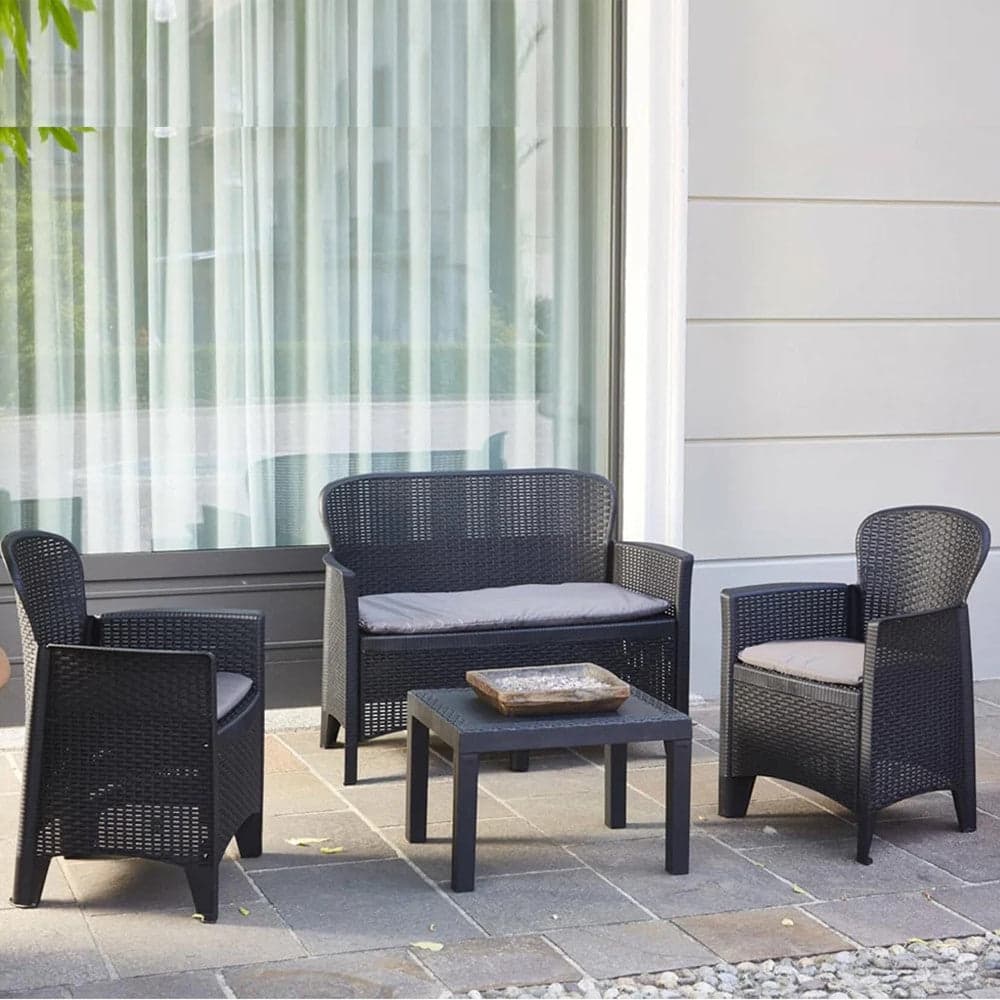 SET SALOTTO GIARDINO DIVANO 2 POLTRONE TAVOLINO CUSCINI EFFETTO RATTAN ANTRACITE 156043 in Divanetti Trade Shop italia - Napoli, commercioVirtuoso.it