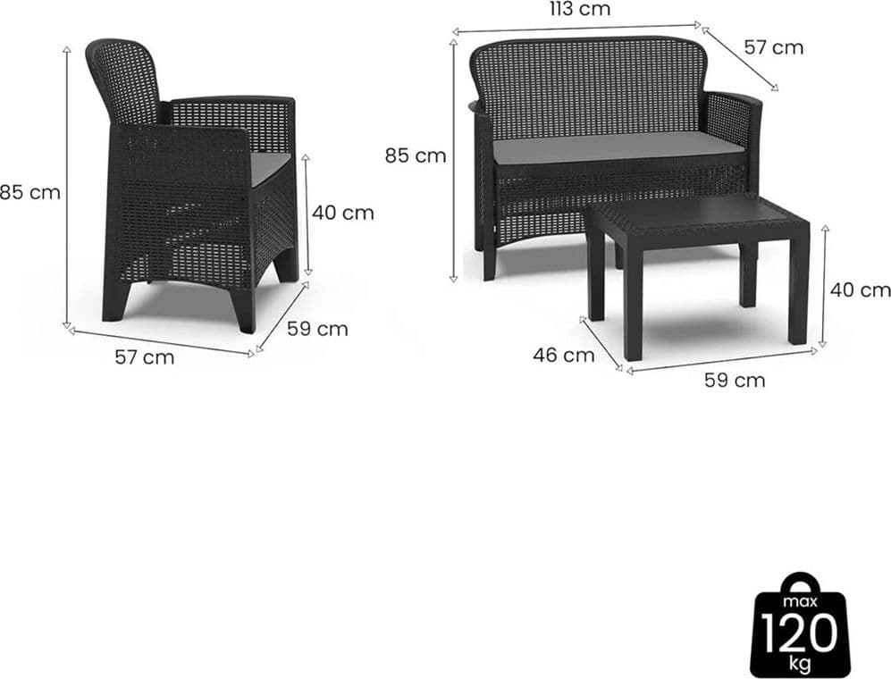 SET SALOTTO GIARDINO DIVANO 2 POLTRONE TAVOLINO CUSCINI EFFETTO RATTAN ANTRACITE 156043 in Divanetti Trade Shop italia - Napoli, commercioVirtuoso.it