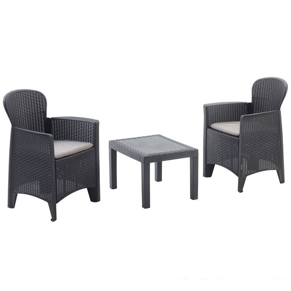 Set Salotto Con Tavolino 2 Poltrone Antracite Effetto Rattan Con Cuscini Giardino 591042