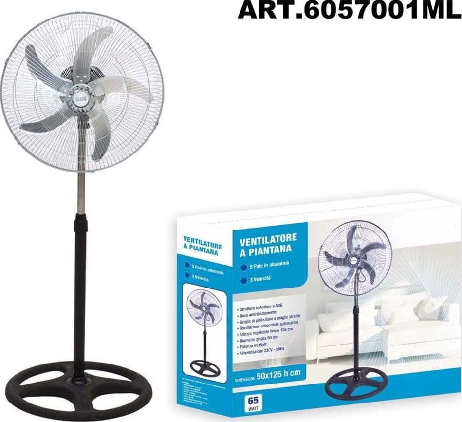 VENTILATORE IN ACCIAIO 65W A PIANTANA ANTIRIBALTAMENTO CON 5 PALE 3 VELOCITÀ 6057001ML in Ventilatori a piantana Trade Shop italia - Napoli, commercioVirtuoso.it
