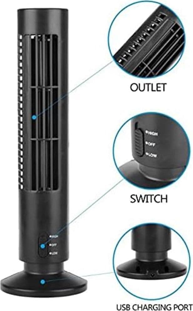 VENTILATORE VERTICALE A TORRE SENZA PALE PORTATILE RICARICA USB 3W 2 VELOCITA' 11X34CM in Ventilatori a torre Trade Shop italia - Napoli, commercioVirtuoso.it