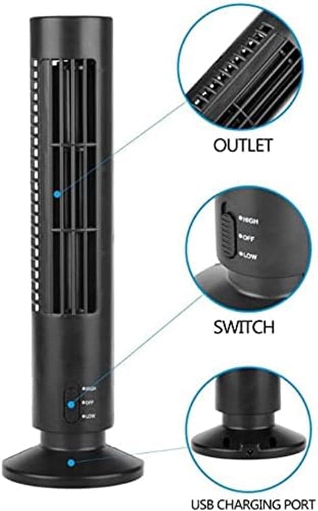 VENTILATORE VERTICALE A TORRE SENZA PALE PORTATILE RICARICA USB 3W 2 VELOCITA' 11X34CM in Ventilatori a torre Trade Shop italia - Napoli, commercioVirtuoso.it