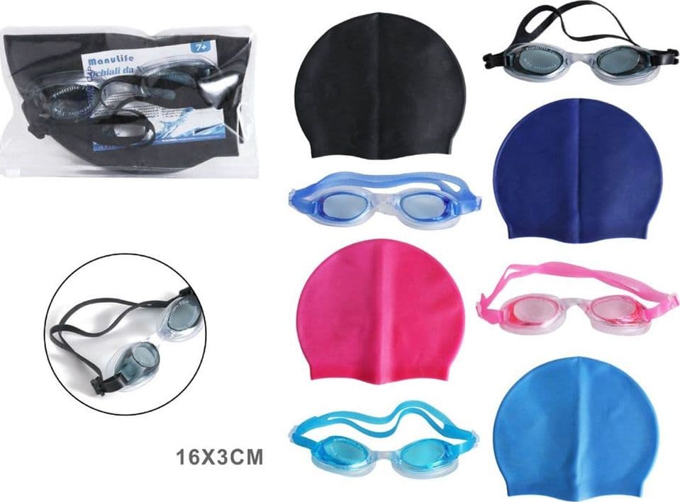 KIT OCCHIALINI DA NUOTO + CUFFIA IN SILICONE DA NUOTO UNISEX PER PISCINA 4 COLORI 618446 in Occhialini Trade Shop italia - Napoli, commercioVirtuoso.it