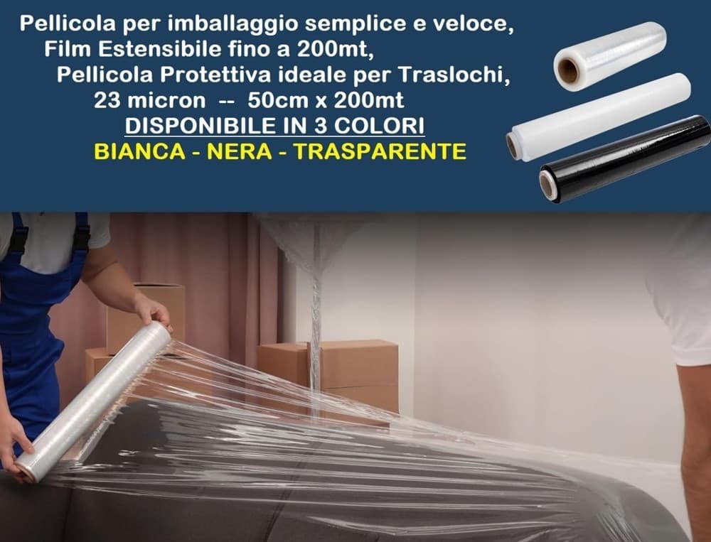 PELLICOLA FILM ESTENSIBILE PROTETTIVA PER IMBALLAGGI TRASLOCHI 23 MICRON 50CMX200MT in Pellicole estensibili Trade Shop italia - Napoli, commercioVirtuoso.it
