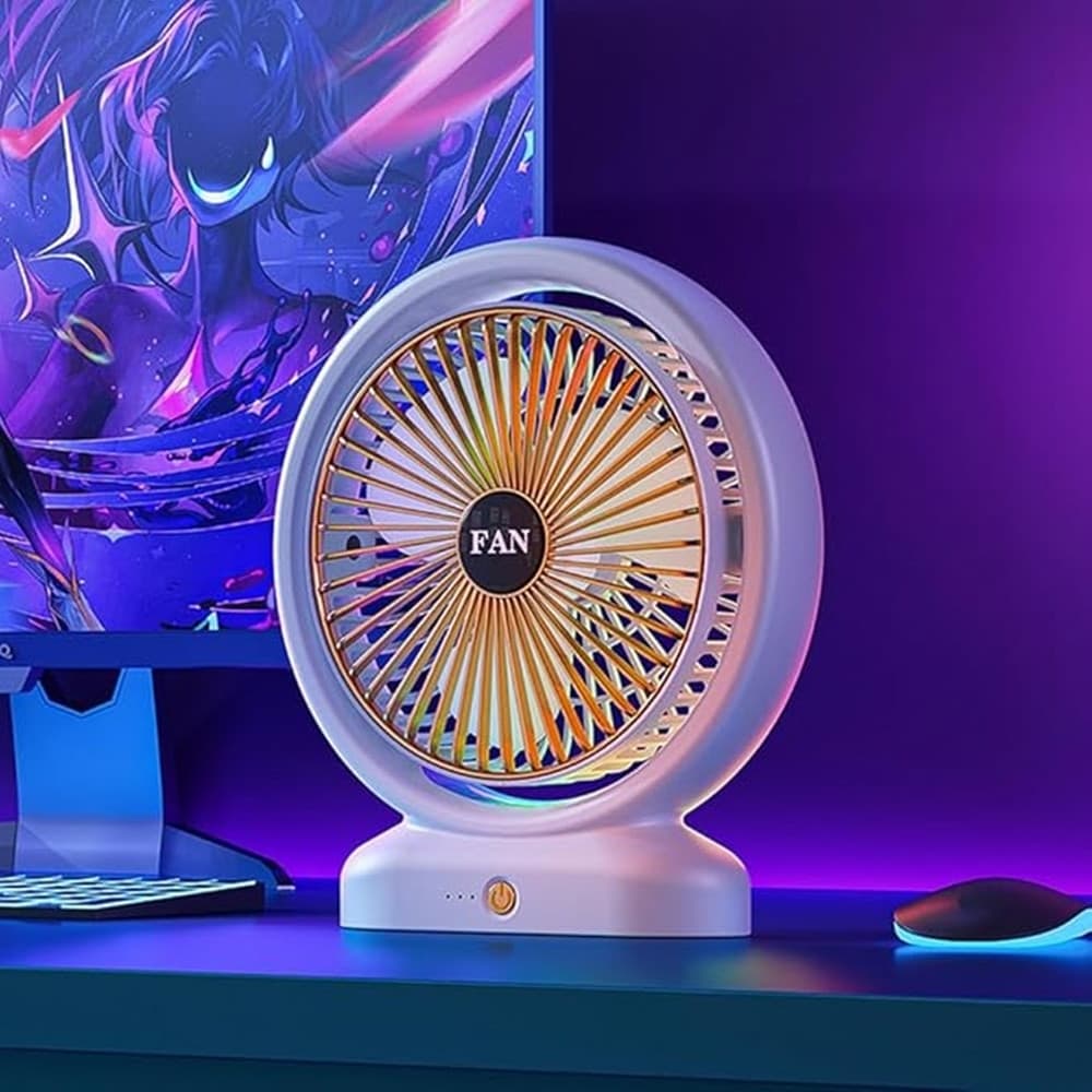 VENTILATORE DA TAVOLO USB RICARICABILE CON CIRCOLATORE D'ARIA A LUCE COLORATA 3 VELOCITÀ in Ventilatori da tavolo Trade Shop italia - Napoli, commercioVirtuoso.it