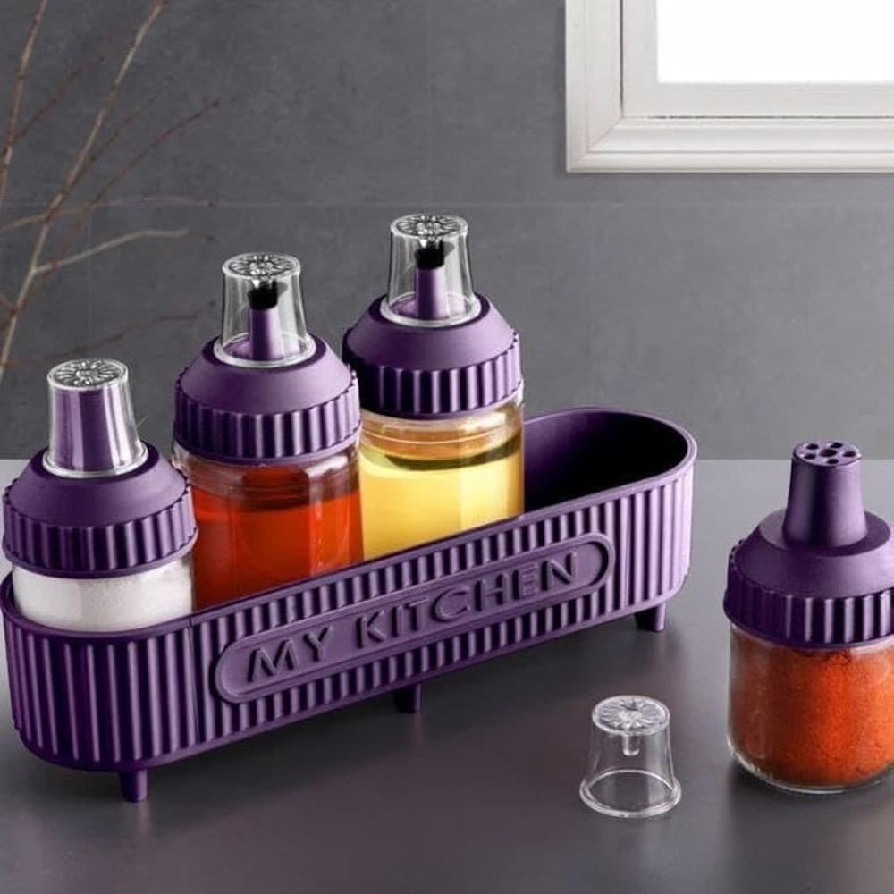 SET DI CONTENITORI SPEZIE OLI CON STAND VIOLA 5PZ CUCINA PER CONSERVARE CUCINARE CONDIRE - 2