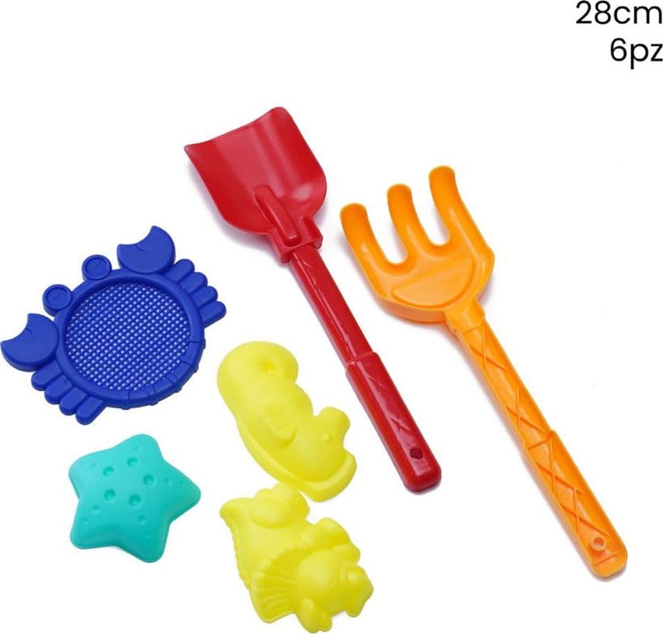 SET 6PZ GIOCHI BAMBINI MARE SPIAGGIA CON PALETTA RASTRELLO 28CM FORMINE SETACCIO 258330 in Giocattoli per sabbia e spiaggia Trade Shop italia - Napoli, commercioVirtuoso.it