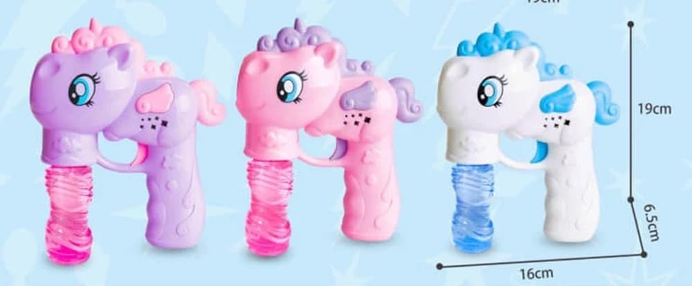 PISTOLA SPARA BOLLE A FORMA DI PONY CON 2 FLACONI DI RICARICA DA 50 ML 3 COLORI 6726065 in Soffiatori di bolle Trade Shop italia - Napoli, commercioVirtuoso.it