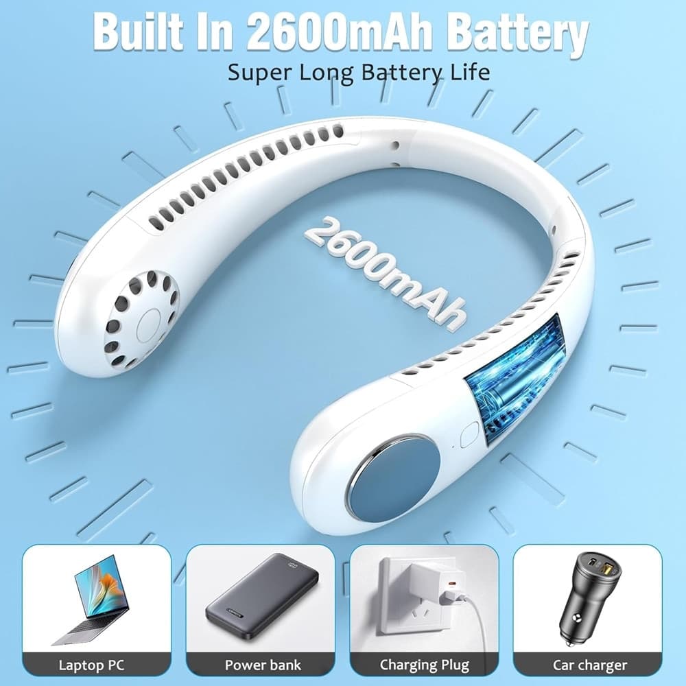 MINI VENTILATORE COLLO PORTATILE RICARICABILE USB SENZA PALE 2600MAH 3 VELOCITÀ SILENZIOSO in prodotto Trade Shop italia - Napoli, commercioVirtuoso.it