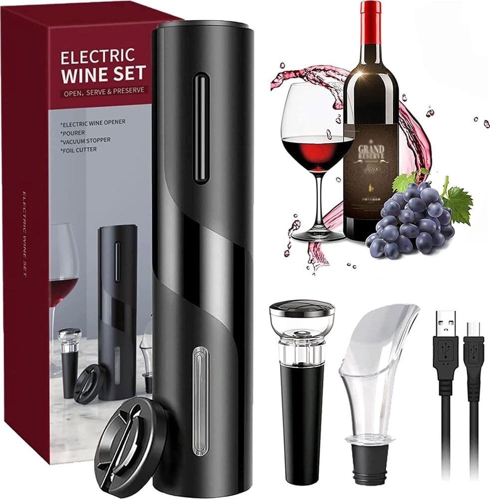 CAVATAPPI ELETTRICO VINO SET APRIBOTTIGLIE 5IN1 RICARICA USB TAGLIAPASTA TAPPO VERSATORE