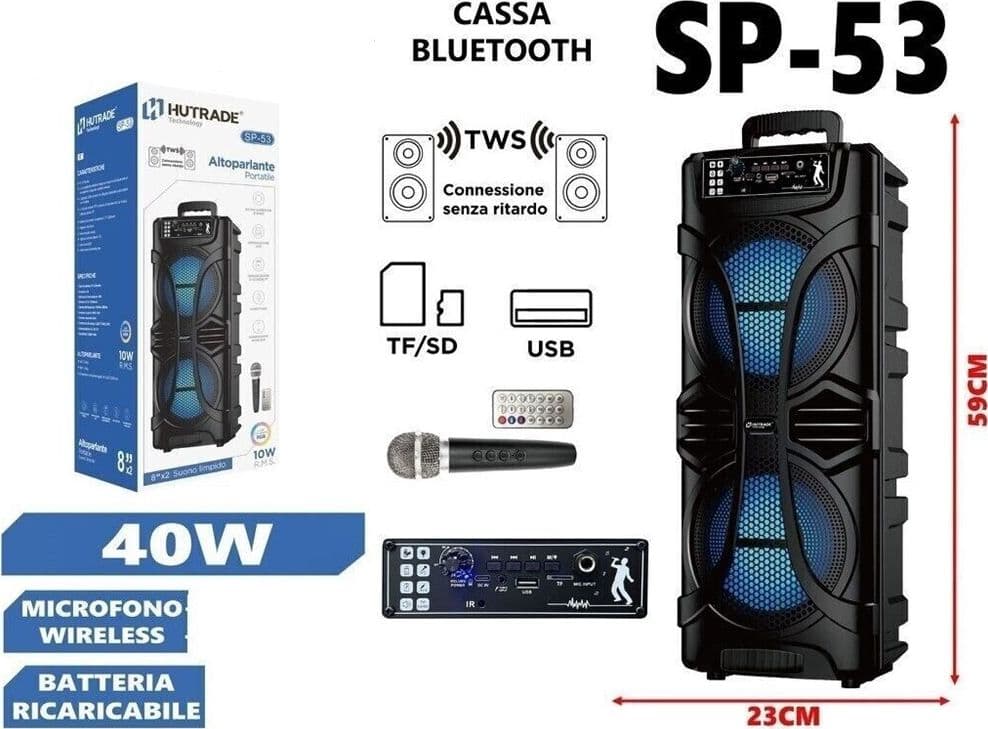 CASSA AMPLIFICATA SP-53 40W KARAOKE BLUETOOTH CON MICROFONO PORTATILE WIRELESS TROLLEY in Sistemi PA Trade Shop italia - Napoli, commercioVirtuoso.it