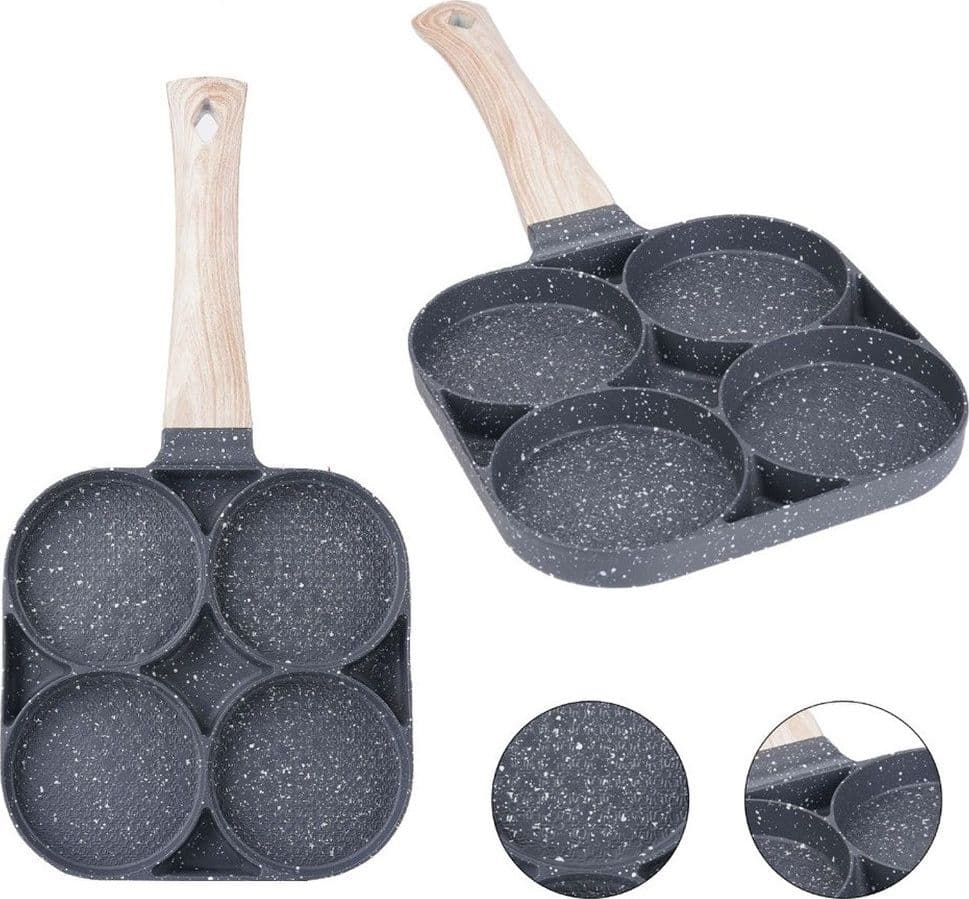 PADELLA ANTIADERENTE A 4 FORI PER UOVA PANCAKE MANICO IN LEGNO ACCESSORI CUCINA 624386