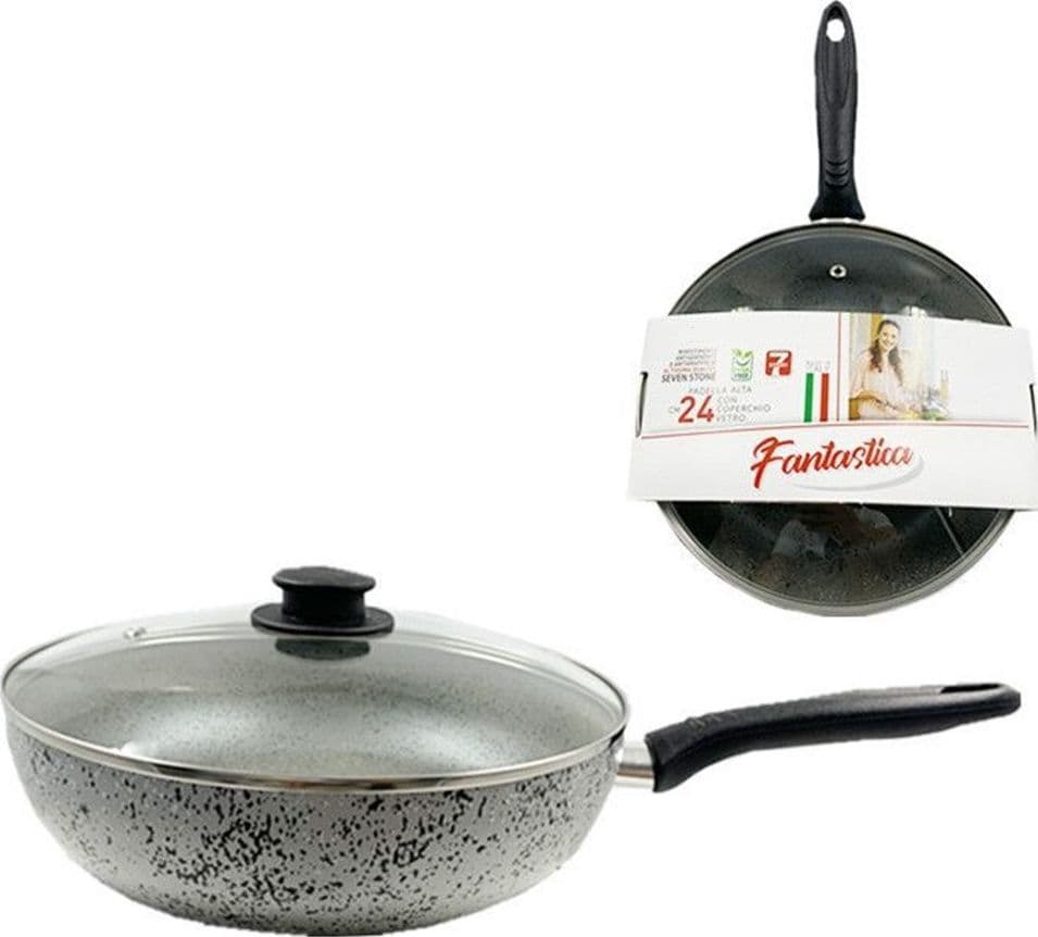 PADELLA ALTA ANTIADERENTE ANTIGRAFFIO A 7 STRATI CON COPERCHIO IN VETRO MANICO DA 24-28CM in Set di padelle Trade Shop italia - Napoli, commercioVirtuoso.it