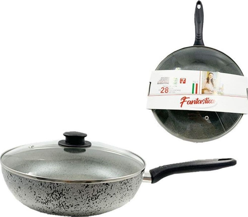 PADELLA ALTA ANTIADERENTE ANTIGRAFFIO A 7 STRATI CON COPERCHIO IN VETRO MANICO DA 24-28CM - 4
